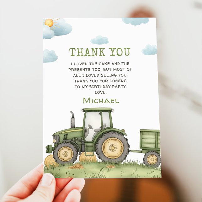 Invitación Green Tractor 1st Birthday Party Thank You Card (Subido por el creador)