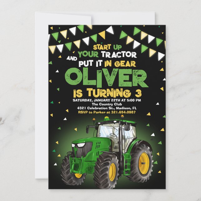 Invitación Green Tractor 5ª fiesta de cumpleaños (Anverso)