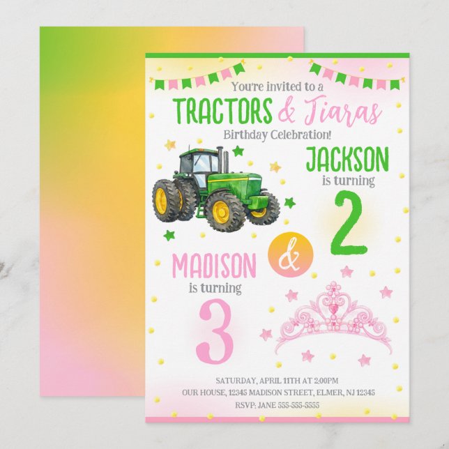 Invitación Green Tractor and Princess Siblings Joint Birthday (Anverso / Reverso)