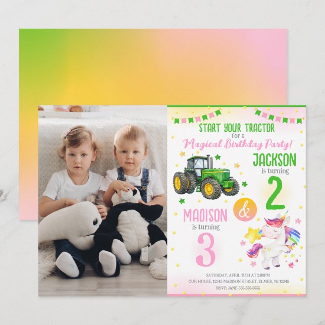Invitación Green Tractor and Unicorn Siblings Joint Birthday (Anverso / Reverso)