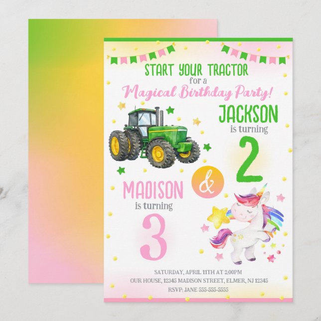 Invitación Green Tractor and Unicorn Siblings Joint Birthday (Anverso / Reverso)