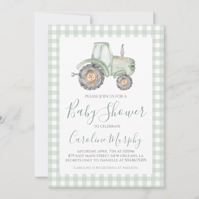 Invitación Green Tractor Baby Shower Preppy Gingham (Anverso)