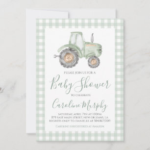 Invitación Green Tractor Baby Shower Preppy Gingham