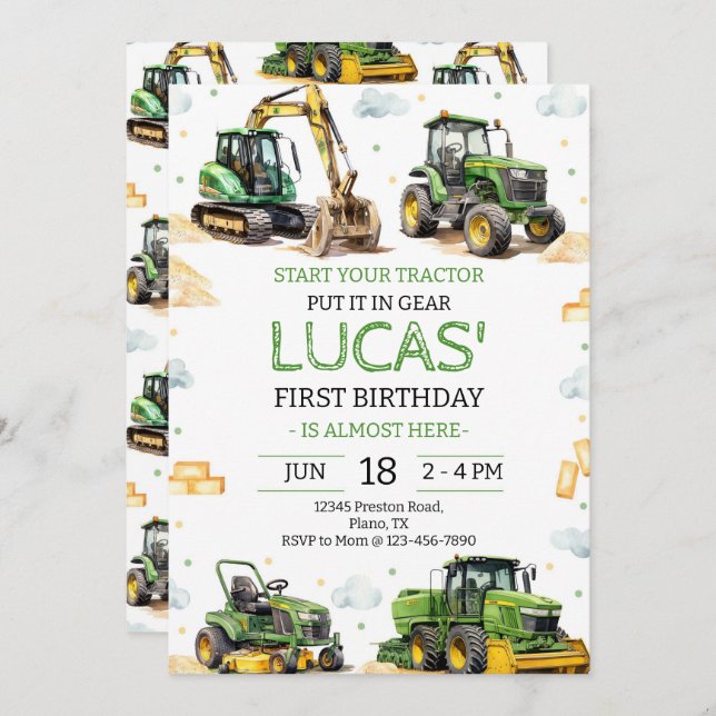Invitación Green Tractor Birthday Party (Anverso / Reverso)