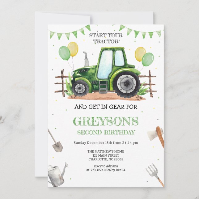 Invitación Green Tractor Boy Birthday Invitation (Anverso)