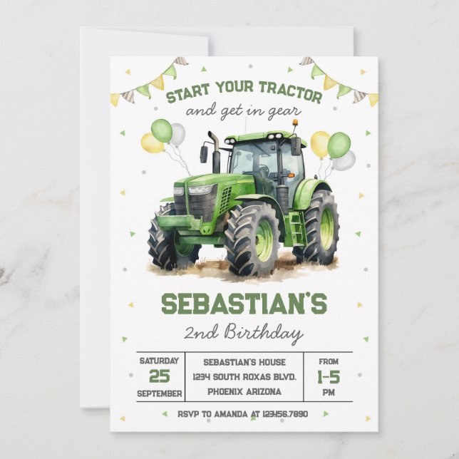 Invitación Green Tractor Boy Birthday Invitation (Anverso)