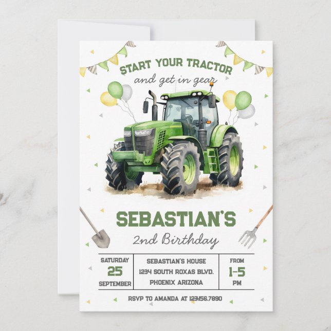 Invitación Green Tractor Boy Birthday Invitation (Anverso)