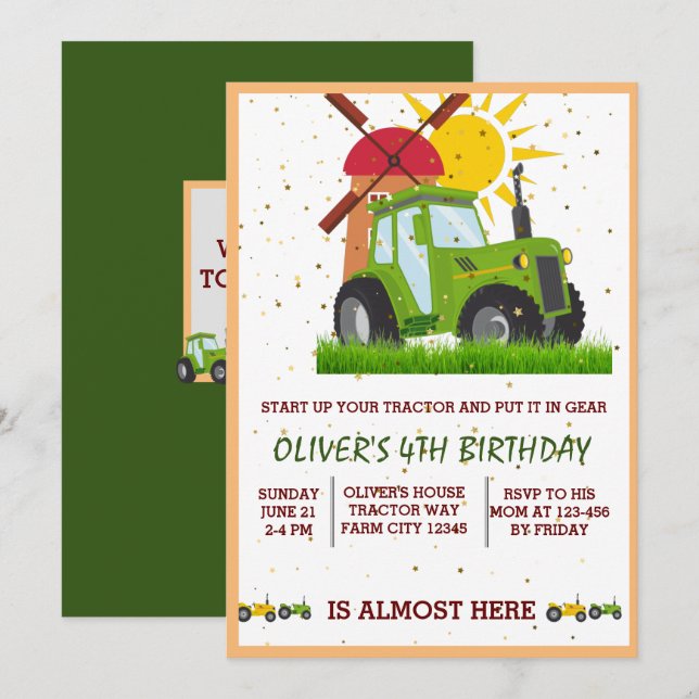 Invitación Green Tractor Boys Fiesta de Cumpleaños Temática (Anverso / Reverso)