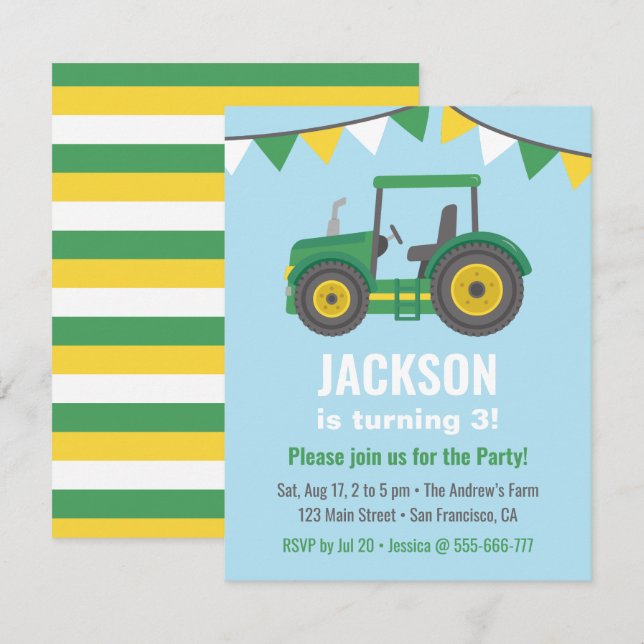 Invitación Green Tractor Bunting Flags Boys Fiesta de cumplea (Anverso / Reverso)