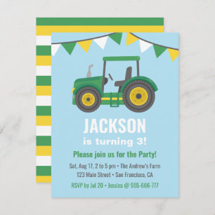 Invitación Green Tractor Bunting Flags Boys Fiesta de cumplea