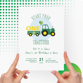 Invitación Green Tractor Farm Boy 1er cumpleaños