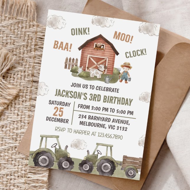 Invitación Green Tractor Farm Boy 3er cumpleaños Fiesta (Subido por el creador)