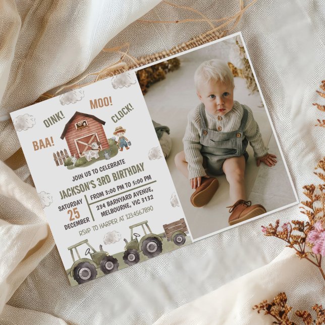 Invitación Green Tractor Farm Boy 3er cumpleaños foto Fiesta (Subido por el creador)