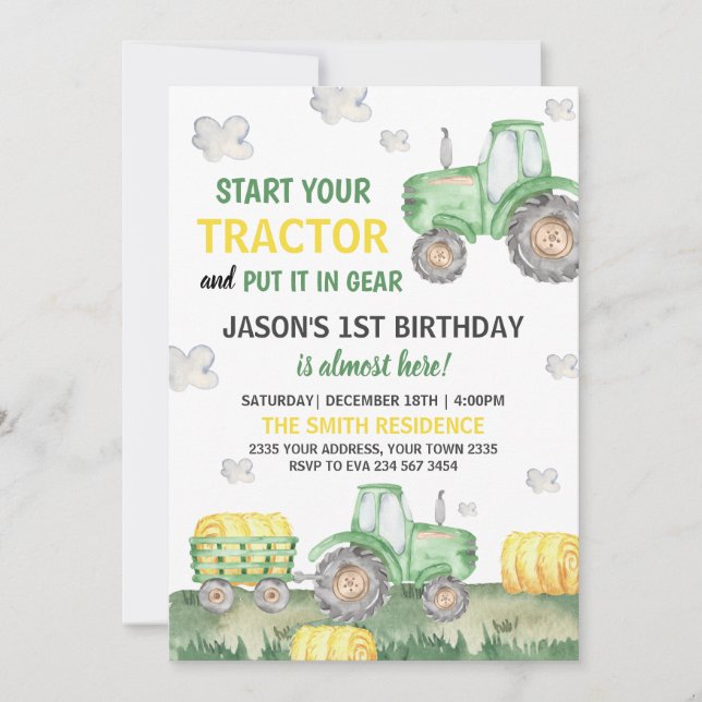 Invitación Green Tractor Farm Boy Birthday Party (Anverso)