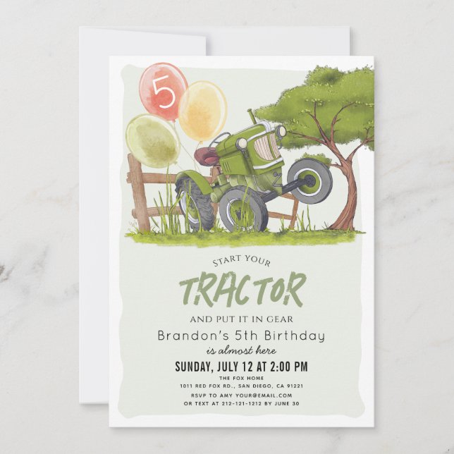 Invitación Green Tractor Farm Boy Kids Cumpleaños (Anverso)