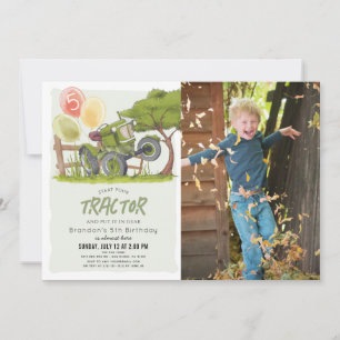 Invitación Green Tractor Farm Boy Photo Birday