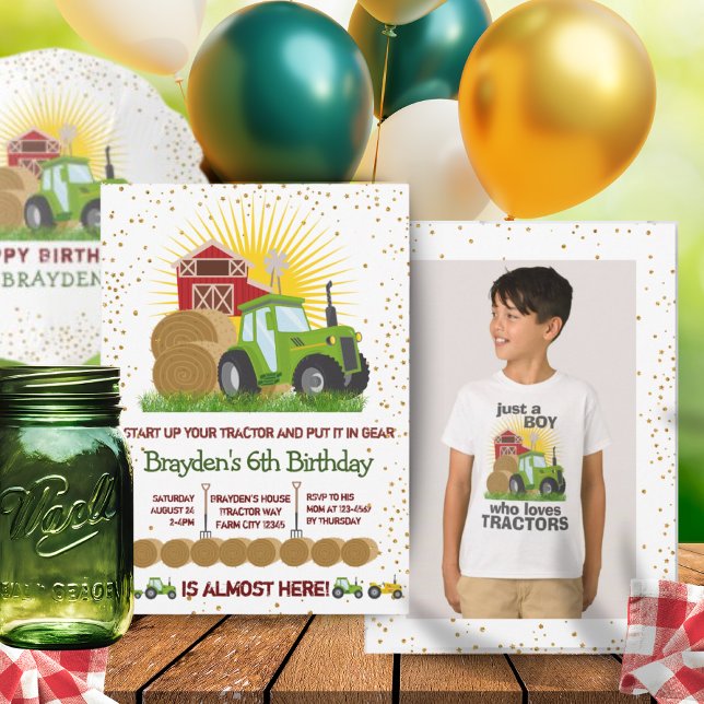 Invitación Green Tractor 🚜 Farm Photo Keepsake Cumpleaños (Green Tractor 🚜 Farm Photo Keepsake Birthday Invitation)