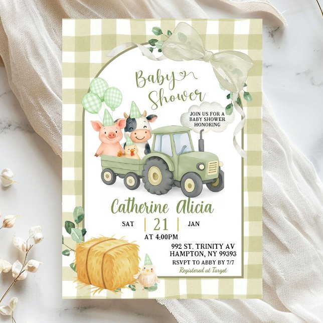 Invitación Green Tractor Gingham Coquette Farm Baby Shower (Subido por el creador)