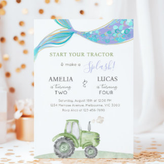 Invitación Green Tractor & Mermaid Siblings Joint Birthday