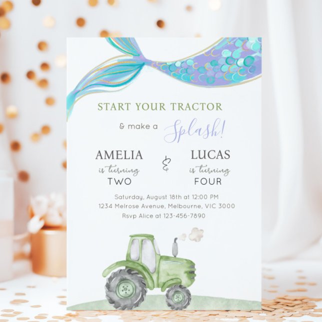 Invitación Green Tractor & Mermaid Siblings Joint Birthday (Subido por el creador)
