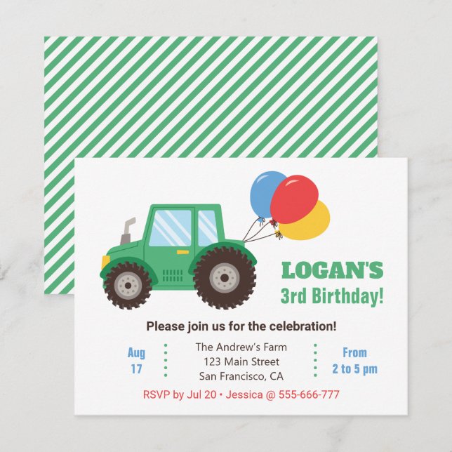 Invitación Green Tractor y la fiesta de cumpleaños de los glo (Anverso / Reverso)