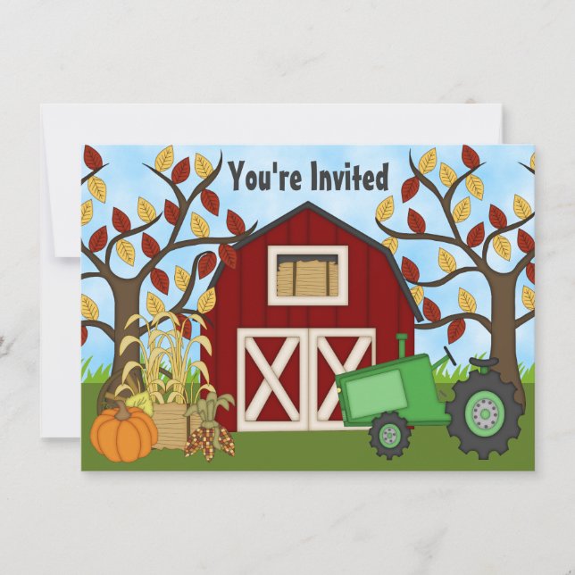 Invitación Green Tractor y Red Barn Autumn Farm Cumpleaños (Anverso)