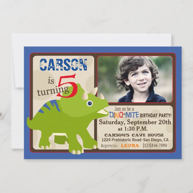 Invitación Green Triceratops Dinosaur Quinto Cumpleaños (Anverso)