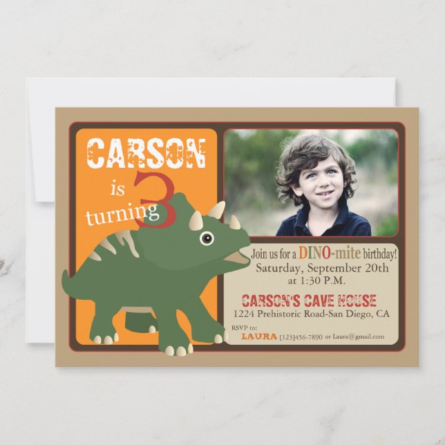 Invitación Green Triceratops Dinosaur Tercer Cumpleaños (Anverso)