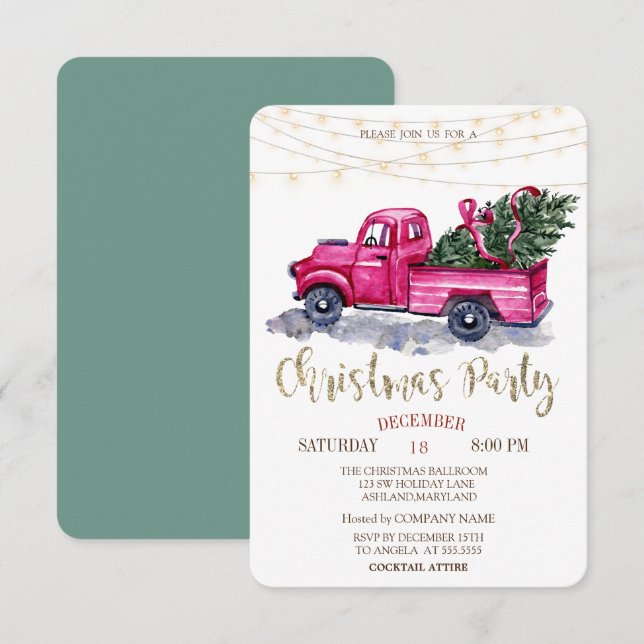 Invitación Green Truck Pine Tree,Lights Wood Navidades Fiesta (Anverso / Reverso)