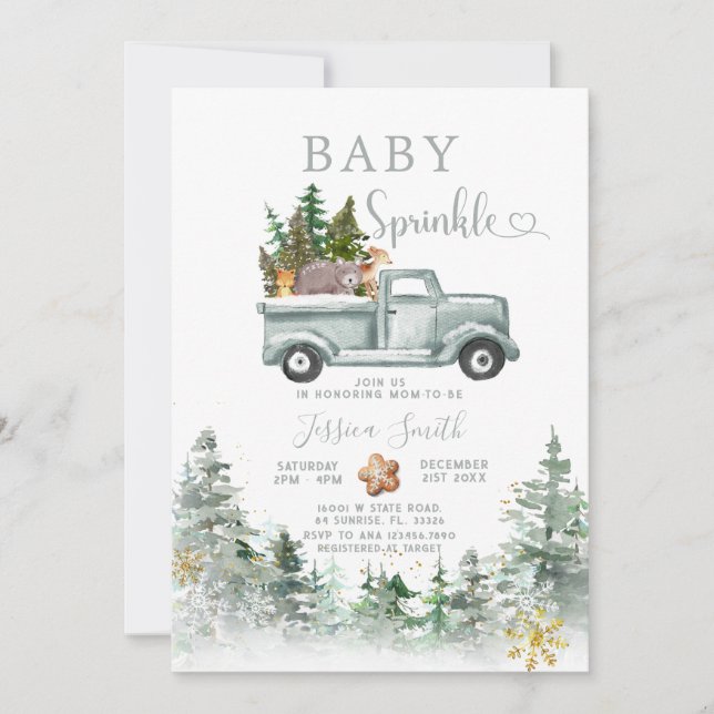 Invitación Green Truck Winter Forest Animals Baby Sprinkle (Anverso)