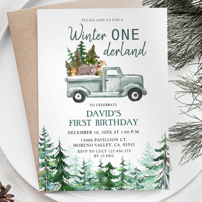 Invitación Green Truck Winter ONEderland Birthday Party (Subido por el creador)