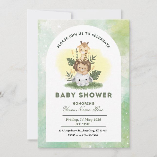 Invitación Green Watercolor Animals Baby Shower Boy (Anverso)