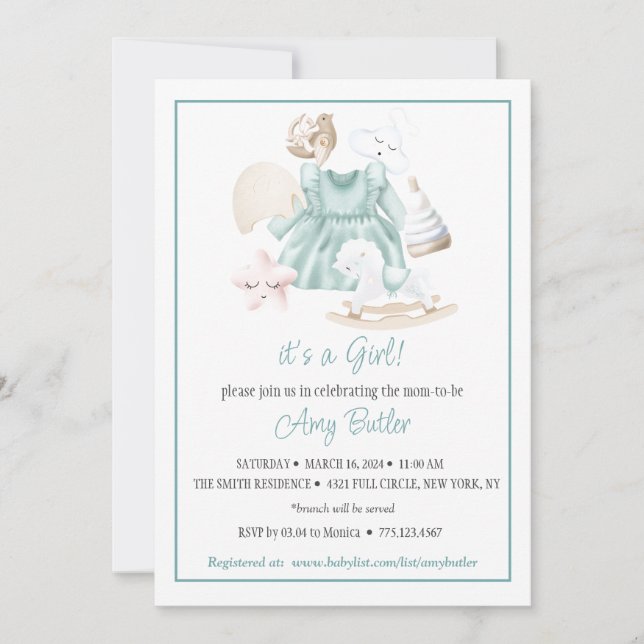 Invitación Green Watercolor Baby Girl Shower Invitation (Anverso)