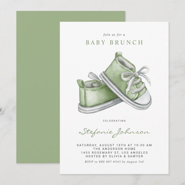 Invitación Green Watercolor Baby Shoes Baby Brunch (Anverso / Reverso)