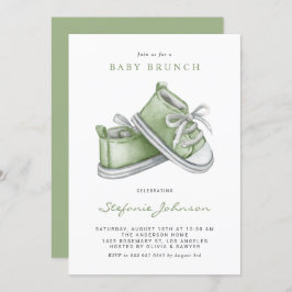 Invitación Green Watercolor Baby Shoes Baby Brunch