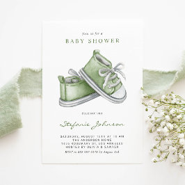 Invitación Green Watercolor Baby Shoes Baby Shower