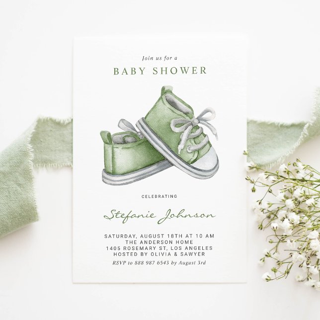 Invitación Green Watercolor Baby Shoes Baby Shower (Subido por el creador)