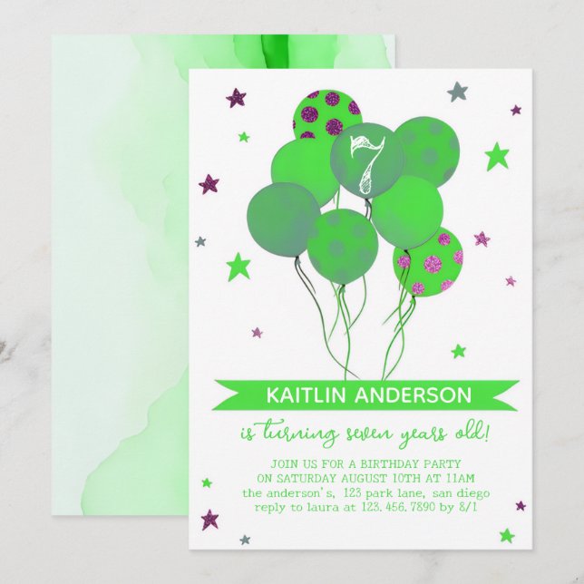 Invitación Green Watercolor Balloons Girl 7th Birthday Party  (Anverso / Reverso)
