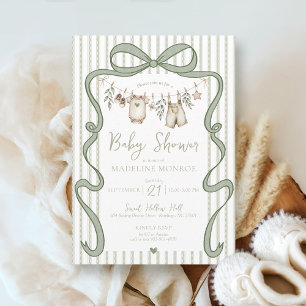 Invitación Green Watercolor Bow Clothesline Boy Baby Shower