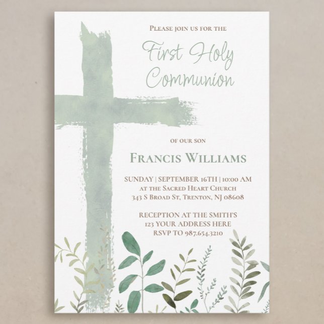 Invitación green watercolor cross First Communion (Subido por el creador)