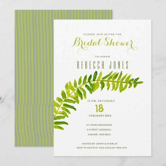 Invitación GREEN WATERCOLOR FERN FOLIAGE Bridal Shower (Anverso / Reverso)