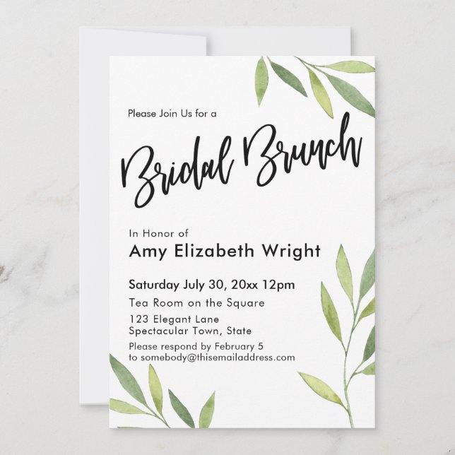 Invitación Green Watercolor Foliage Bridal Brunch (Anverso)