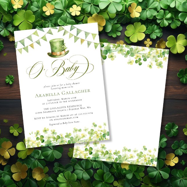 Invitación Green Watercolor Shamrock Baby Shower (Green Watercolor Shamrock Baby Shower Invitation)