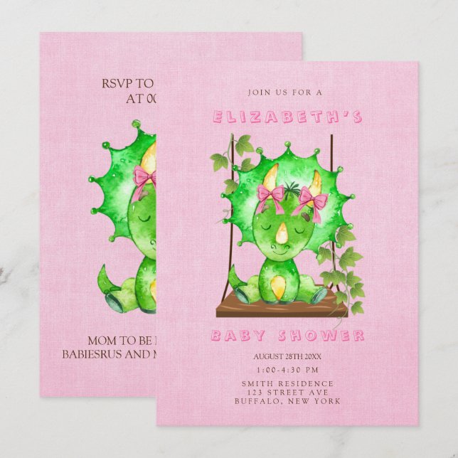 Invitación Green Watercolor Triceratops Chica Baby Shower (Anverso / Reverso)