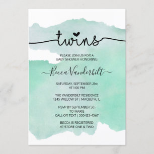 Invitación Green Watercolor Twins Baby Shower