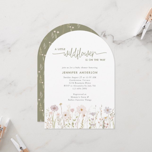 Invitación Green Watercolor Wildflower Floral Baby Shower (Anverso/Reverso In Situ)