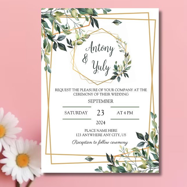 Invitación Green Wedding Invitation boda con hojas verdes (Tarjeta hojas verde acuarela para boda)