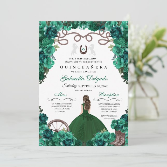 Invitación Green Western Charra Chica Ranchero Quinceanera (Anverso de pie)