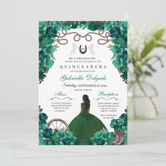 Invitación Green Western Charra Chica Ranchero Quinceanera (Anverso de pie)