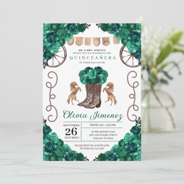 Invitación Green Western Charra Floral Boots Quinceañera (Anverso de pie)